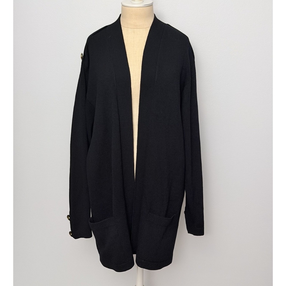 St. John Basics Sweater Women Large Black Santana Knit Long Sleeve Open Front